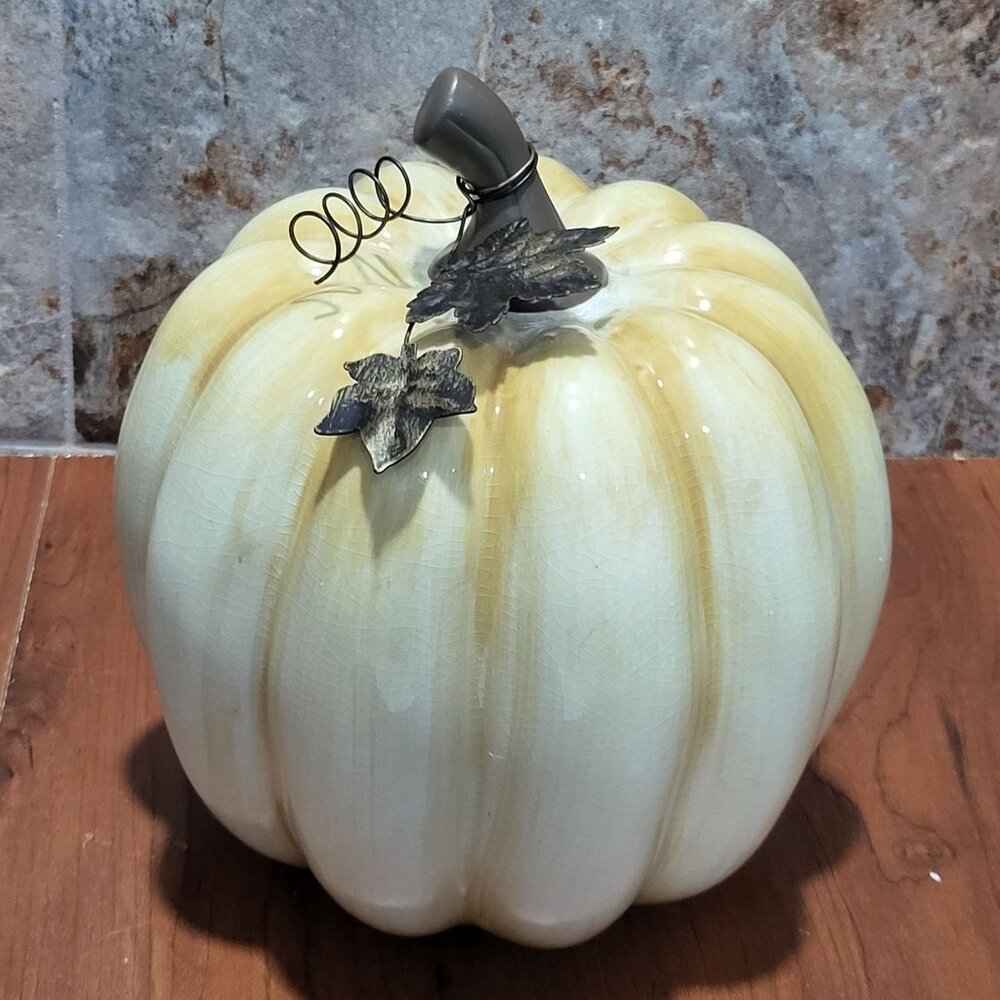 Yellow Ceramic Pumpkin Metal Leaves Fall Halloween Harvest Decor